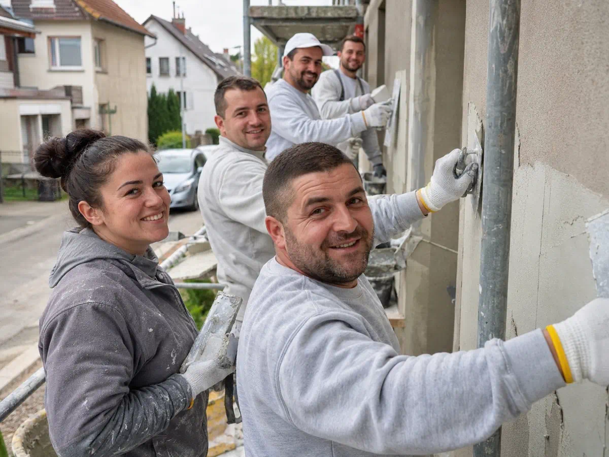 Verputzer Detmold: Mitarbeiter des Team B. Musaj während der Putzarbeiten an einer Außenwand.